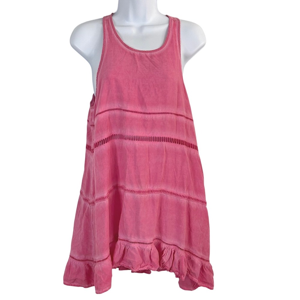 En Creme S Pink Boho Ladder Lace Ruffle Mini Dress Sleeveless Racerback High-Low